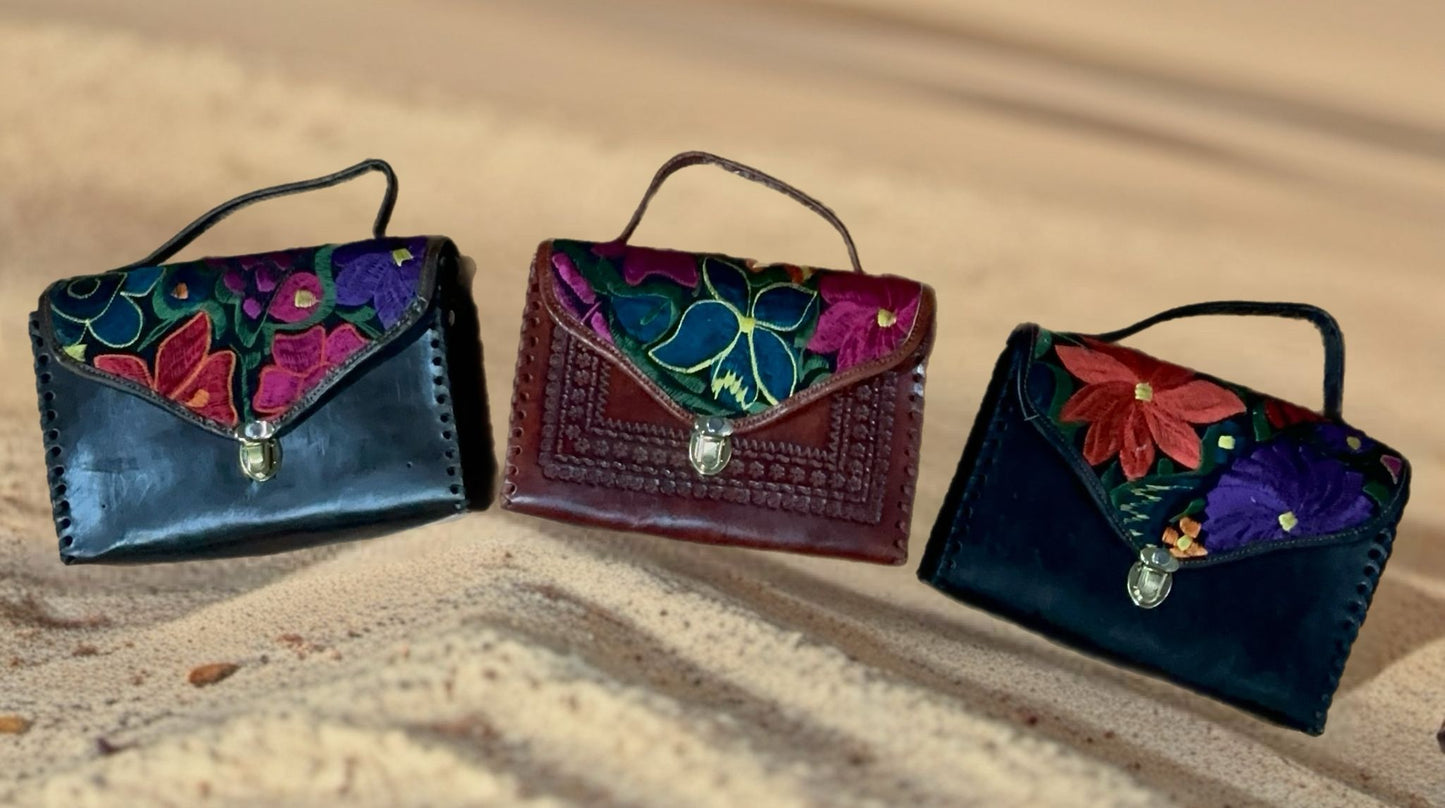 Embroidered Leather Rectangular Handbag Purse